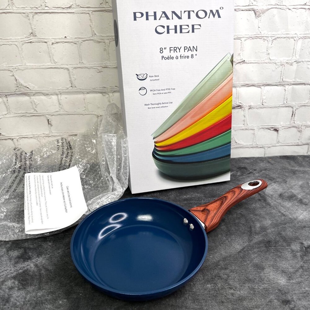 Phantom Chef Blue Skillet Fry Pan 8" Wood Handle Navy Non-Stick NIB